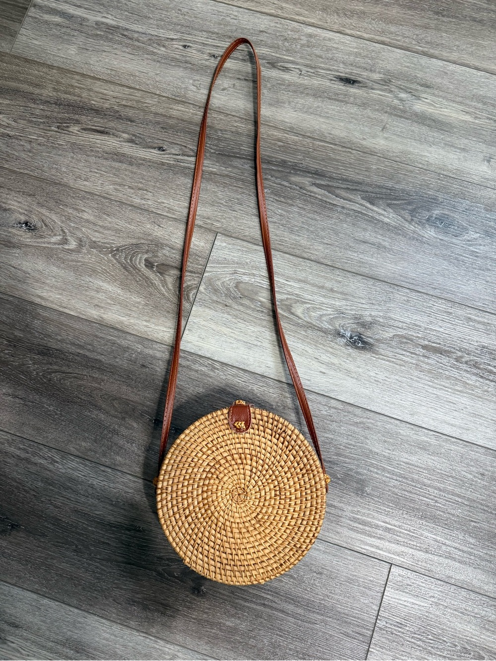 Round Woven Straw Crossbody Bag with Brown Leather Strap